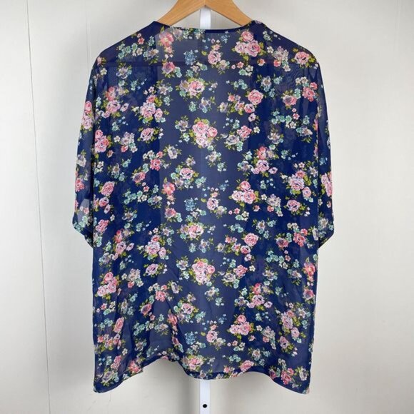 California Gypsy Blue Floral Sheer‎ Kimono Coverup Cardigan Top Womens Large - Picture 4 of 5